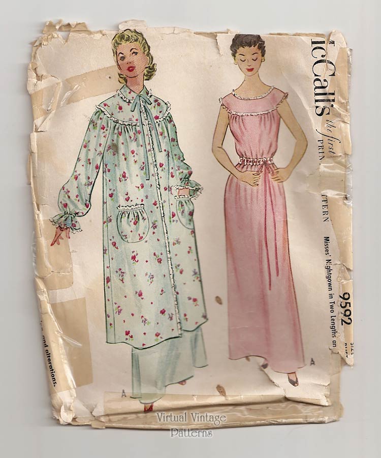 50s Robe and Nightgown Patterns, McCalls 9592, Bust 34