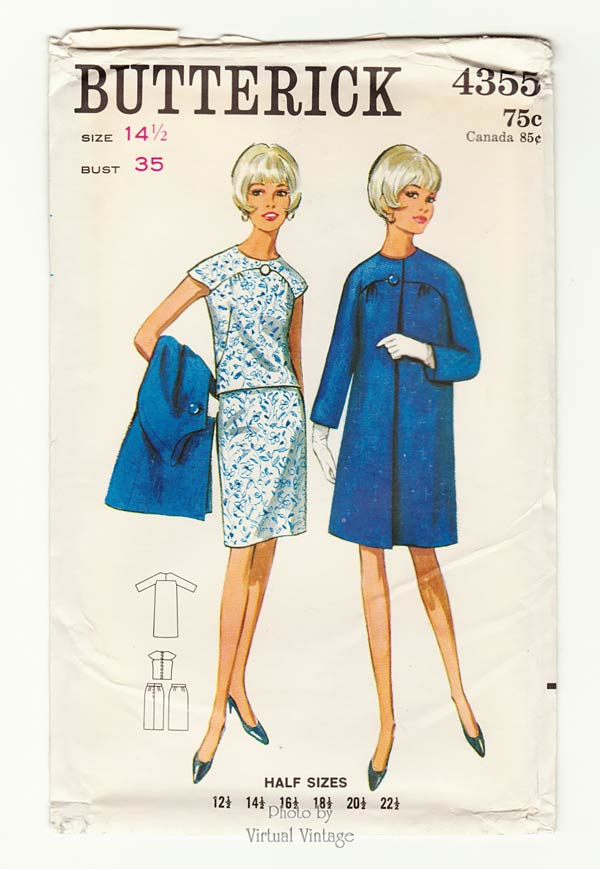 60s Coat & Dress Pattern, Butterick 4355, Vintage Sewing Patterns, Bust 35 Uncut