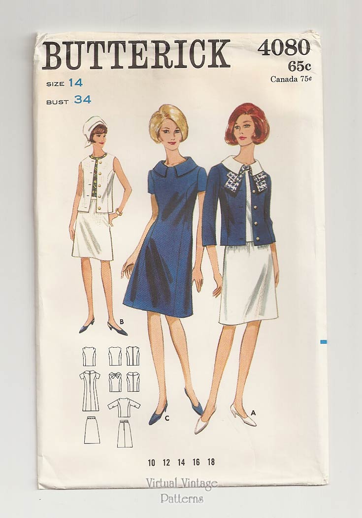 60s Jacket, Blouse, Skirt & Dress Patterns, Butterick 4080, Bust 34, Uncut
