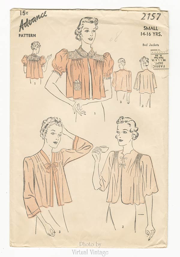 1930s Bed Jacket Sewing Pattern, Advance 2157, Old Hollywood Style, Bust 32 34