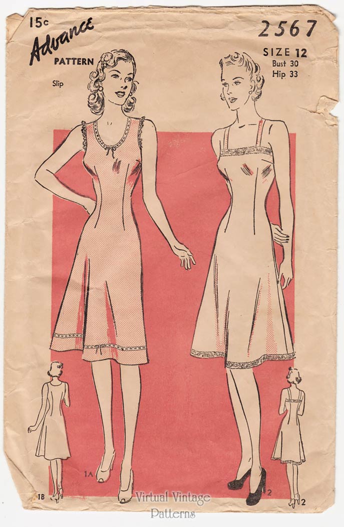 1940s Vintage Slip Pattern, Advance 2567, Lingerie Sewing Pattern