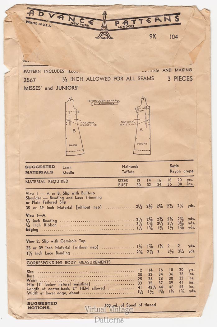 1940s Vintage Slip Pattern, Advance 2567, Lingerie Sewing Pattern
