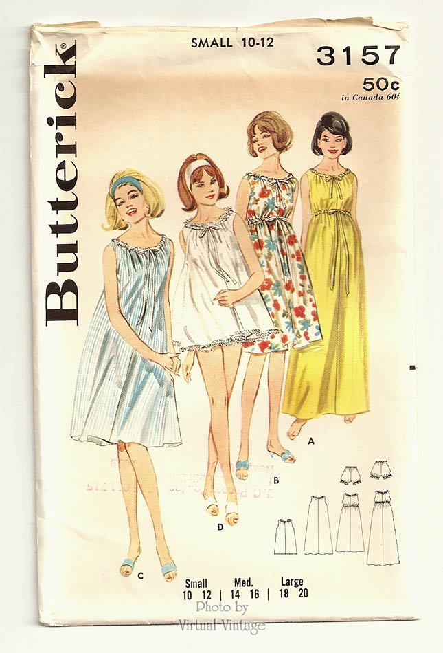 1960s Empire Waist Nightgown Pattern, Butterick 3157, Vintage Sewing Patterns, Uncut