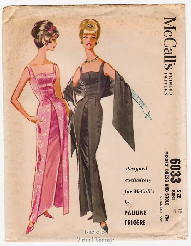 1960s Pauline Trigere Dress Pattern, McCalls 6033, Sleeveless Evening Gown with Stole, Uncut