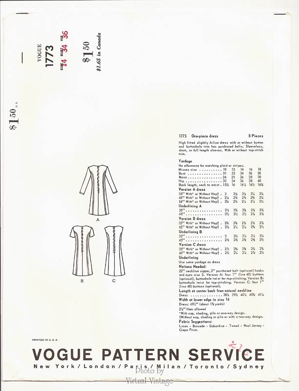 Vintage 1960s A Line Dress Pattern Vogue 1773, Bust 34 Uncut