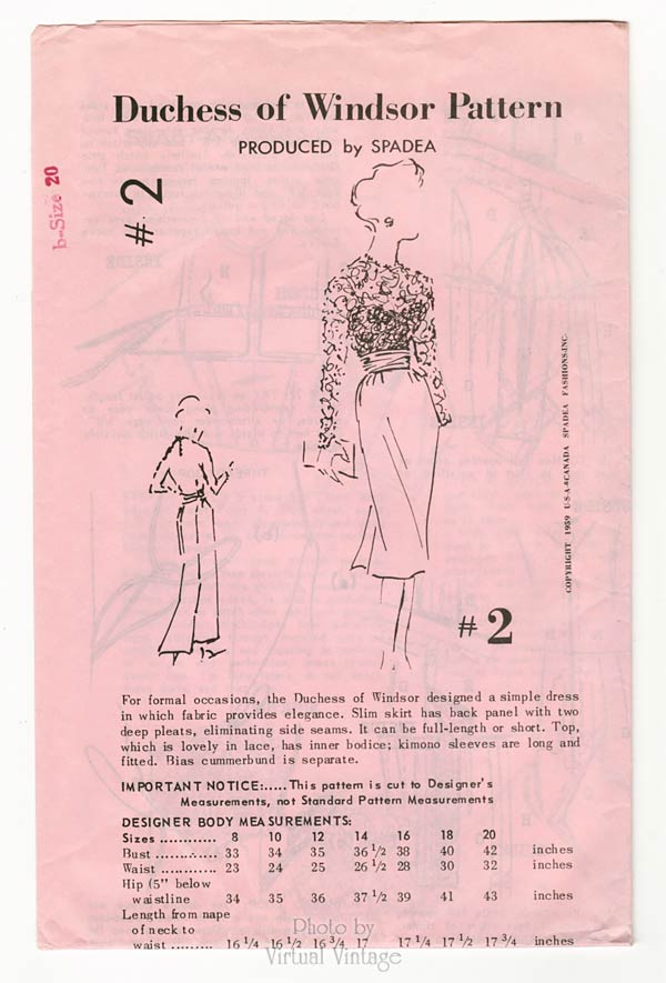 50s Spadea Pattern #2, Lace Top Dress Sewing Pattern by Duchess of Windsor, Bust 42 Uncut