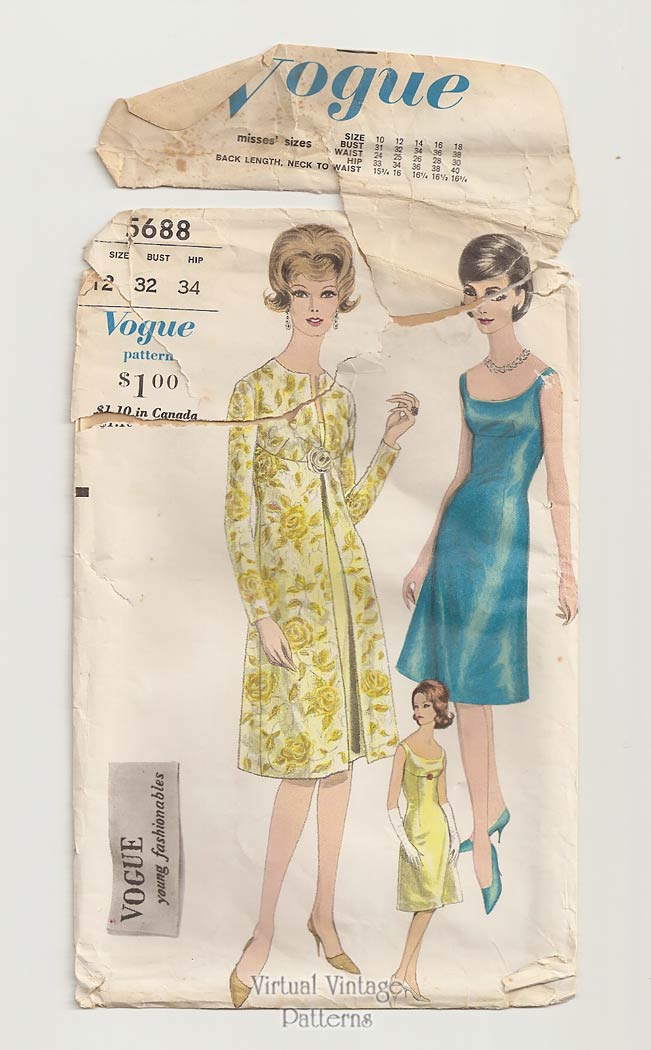 1960s Cocktail Dress & Redingote Pattern, Vogue 5688, Bust 32, Uncut, Label