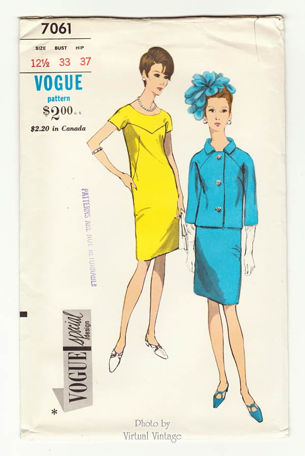 60s Jacket & Shift Dress Pattern, Vintage Vogue Special Design 7061, Bust 33, Uncut