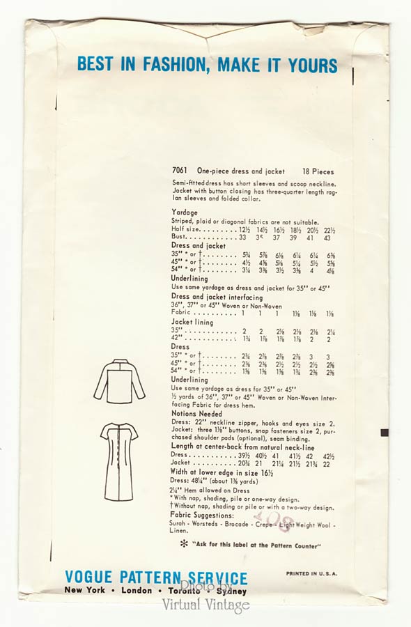 60s Jacket & Shift Dress Pattern, Vintage Vogue Special Design 7061, Bust 33, Uncut