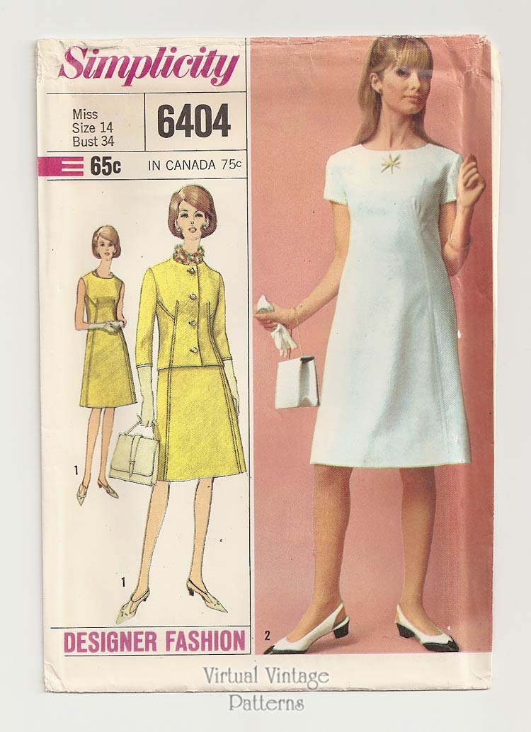 1960s Dress Pattern with Jacket, Simplicity 6404, A Line Suit Dress, Bust 34, Uncut