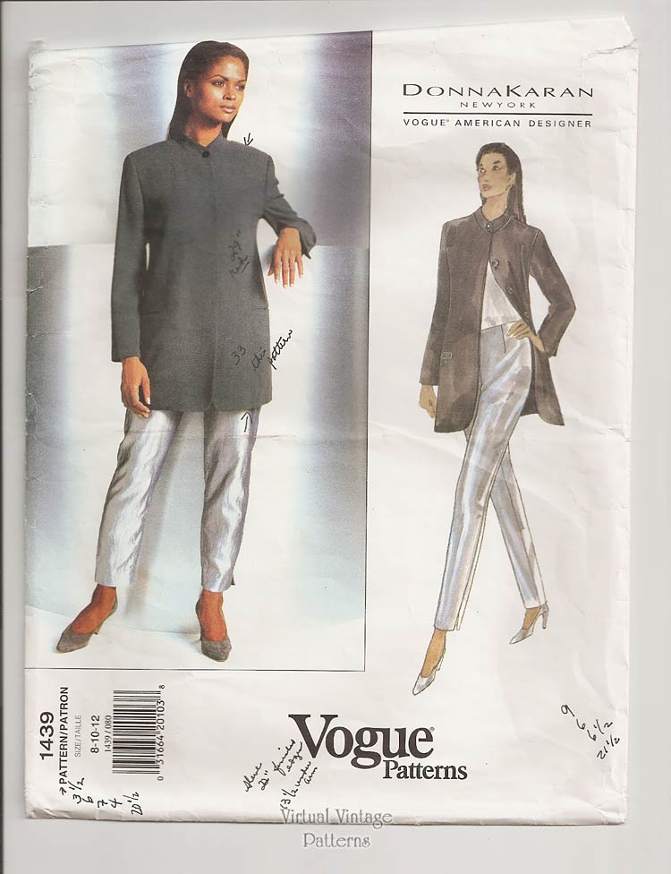 Donna Karan Sewing Pattern, Vogue 1439, Ladies Nehru Jacket & Tapered Pants, Sizes 8, 10