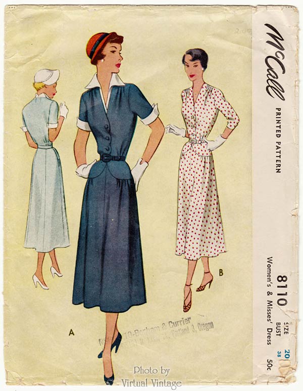 1950s Shirtwaist Dress Pattern, McCall 8110, Vintage Sewing Pattern, Bust 38