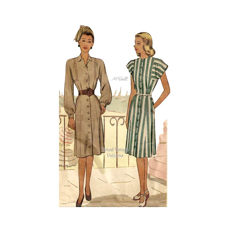 McCall 6427, 1940s Dress Pattern with Button Front, Pockets & Two Sleeve Lengths