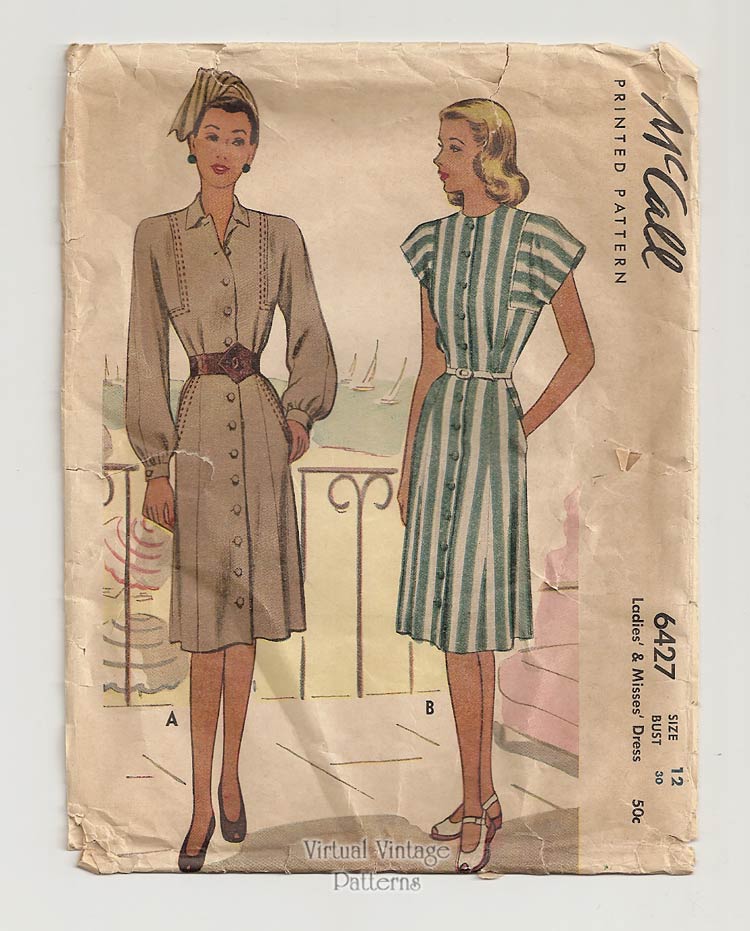 McCall 6427, 1940s Dress Pattern with Button Front, Pockets & Two Sleeve Lengths