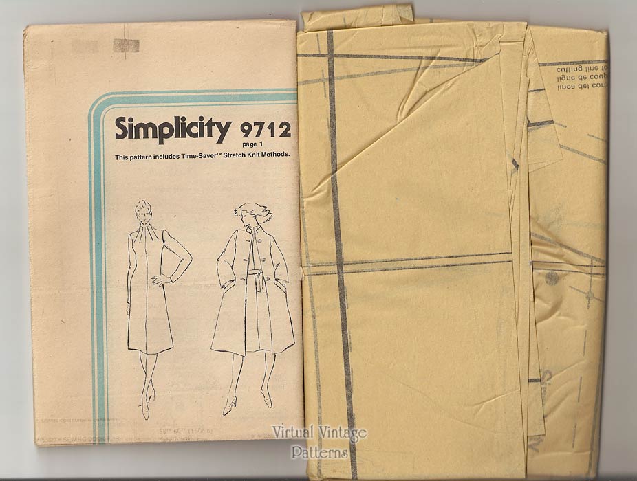 Pauline Trigere Coat Pattern, Simplicity 9712, Knit Dress and Swing Coat, Bust 38, Uncut
