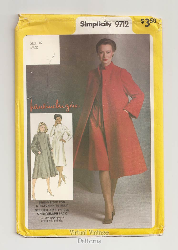 Pauline Trigere Coat Pattern, Simplicity 9712, Knit Dress and Swing Coat, Bust 38, Uncut