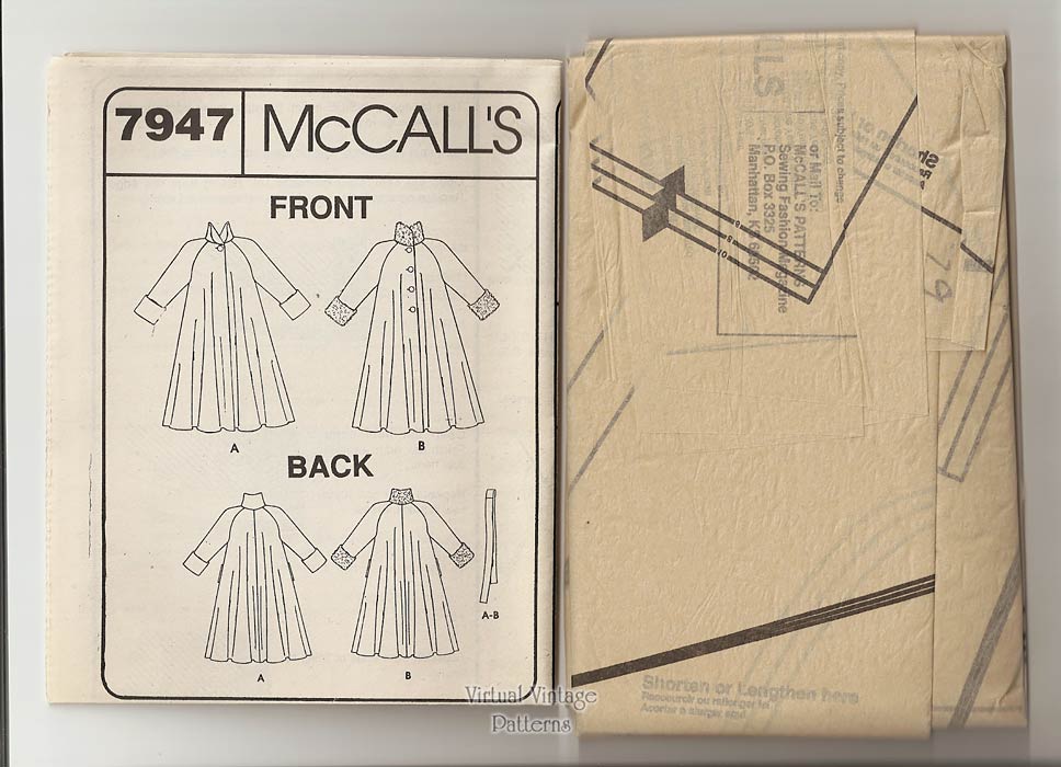 Swing Coat Pattern, McCalls 7947, Womens Coat Sewing Pattern, Sizes 6 8 10, Uncut