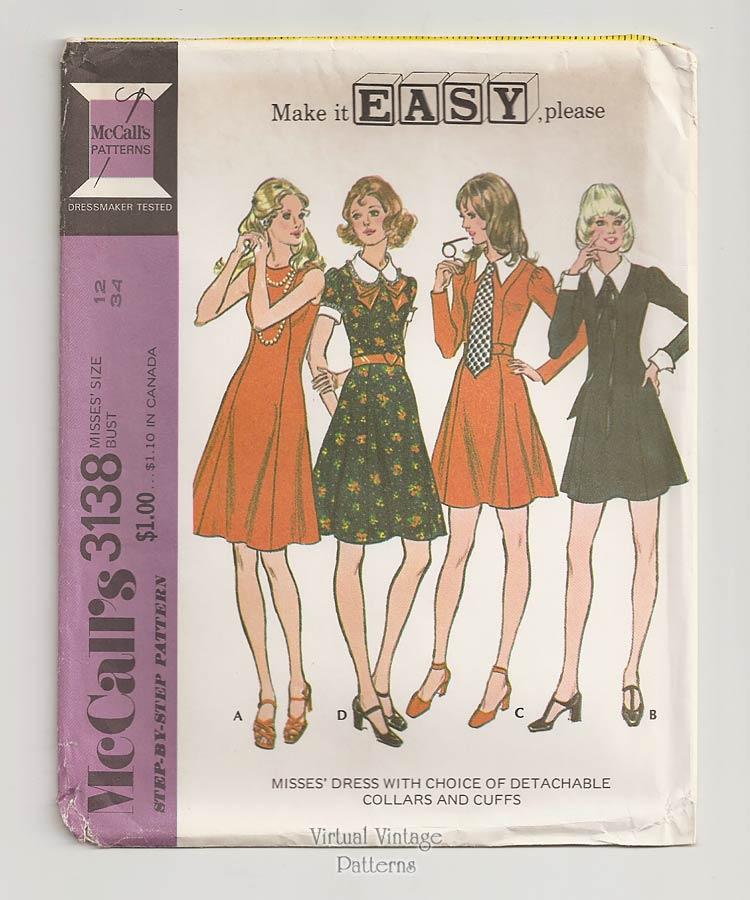 70s A Line Dress Pattern, McCalls 3138, Easy Sewing Mini Dress, Bust 34, Uncut