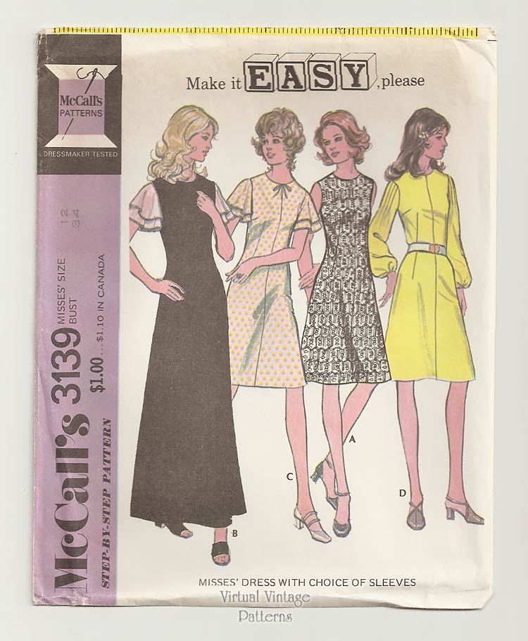 Vintage Maxi Dress Pattern, McCalls 3139, Easy Sewing Dresses, Bust 34 Uncut