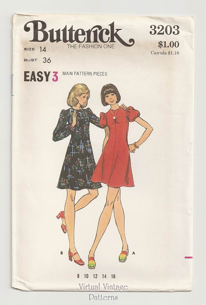 1970s Mini Dress Pattern Butterick 3203, Easy Sewing Patterns, Bust 36 Uncut