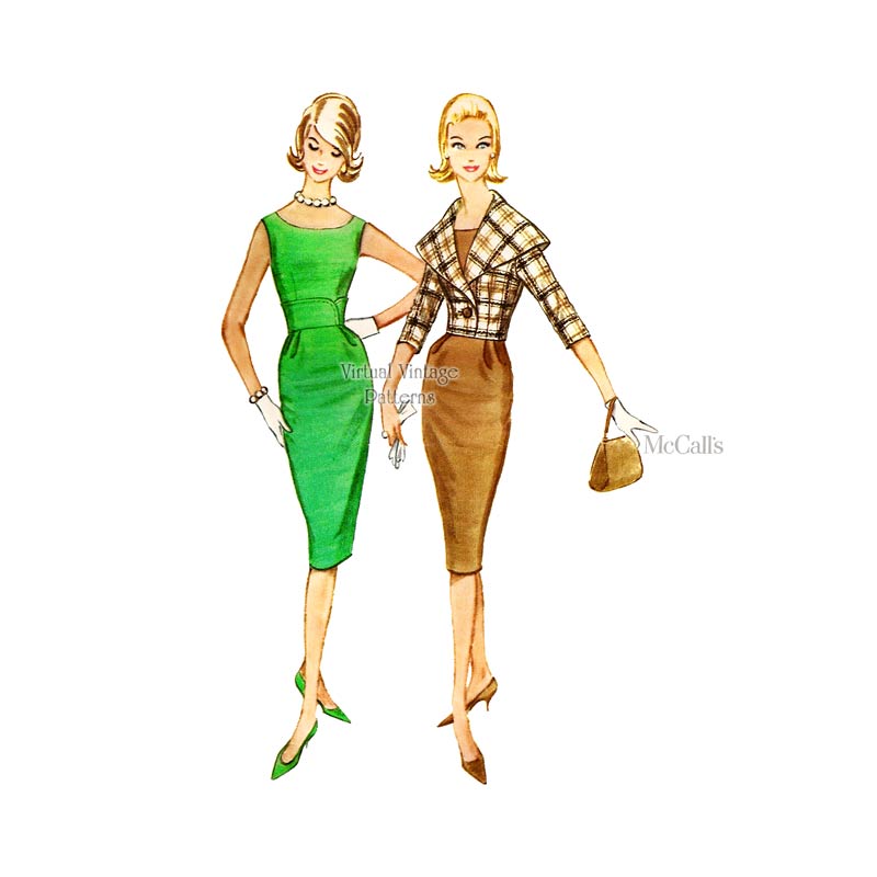 1960s Wiggle Dress Pattern, McCalls 5734, Sleeveless Sheath Dress and Large Collar Jacket