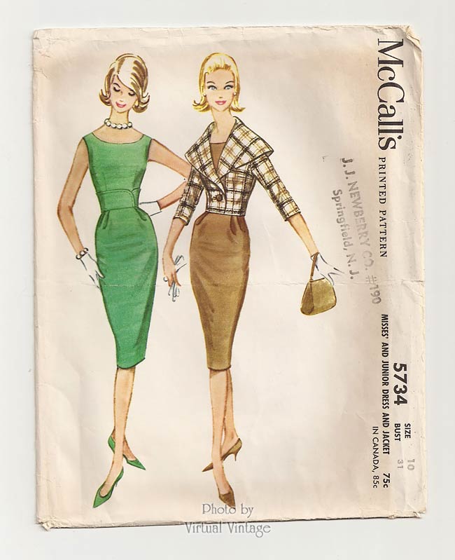 1960s Wiggle Dress Pattern, McCalls 5734, Sleeveless Sheath Dress and Large Collar Jacket