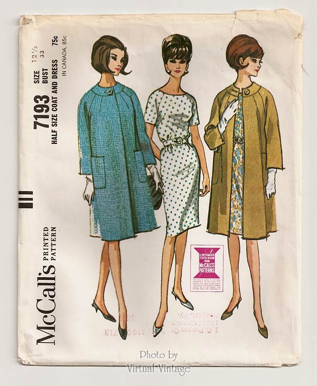 60s Dress and Coat Pattern, McCalls 7193, Sheath Dress & Straight Coat, Uncut