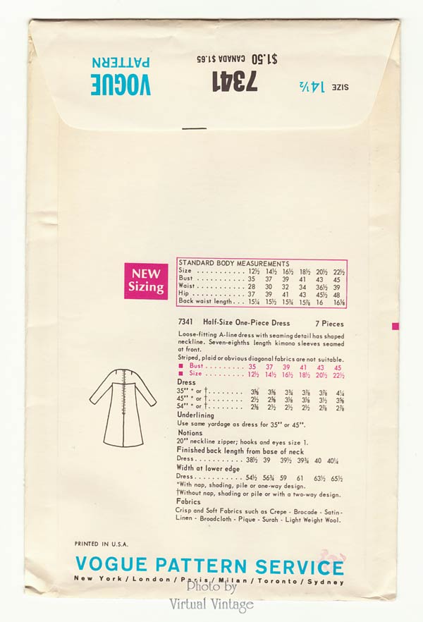 1960s A Line Dress Pattern Vogue 7341, Vintage Sewing Patterns, Bust 37, Uncut