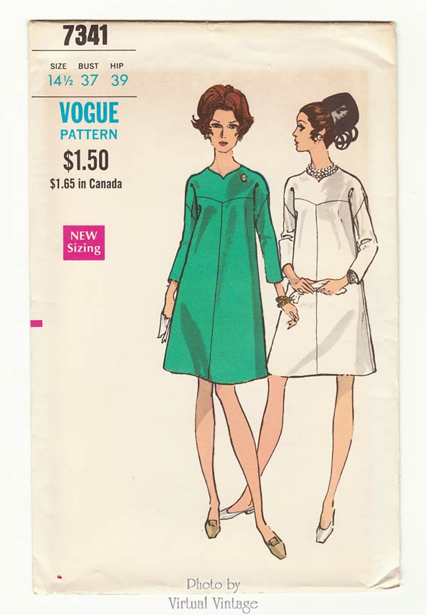 1960s A Line Dress Pattern Vogue 7341, Vintage Sewing Patterns, Bust 37, Uncut