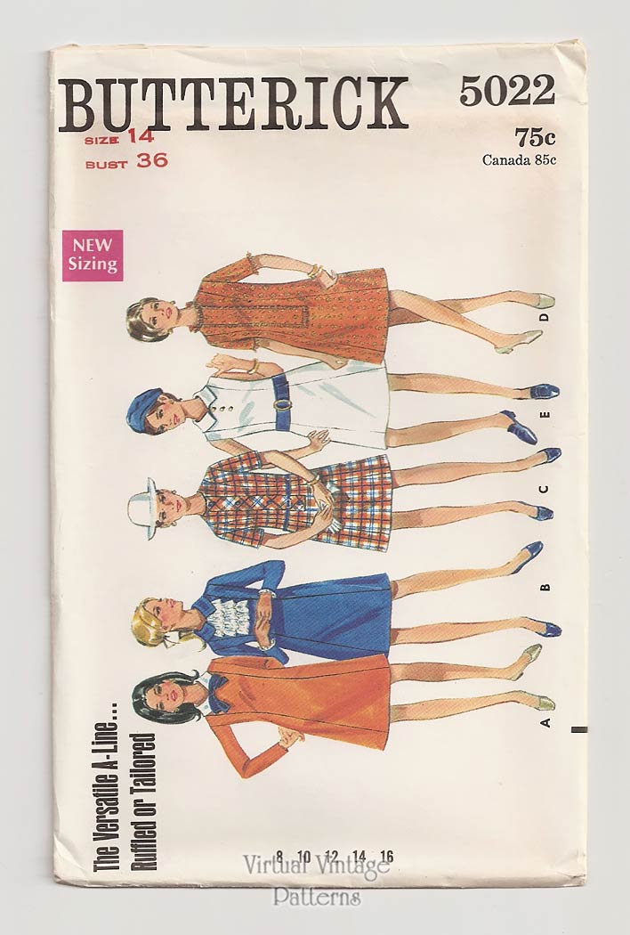 A Line Dress Vintage Sewing Pattern, Butterick 5022, Bust 36, Uncut