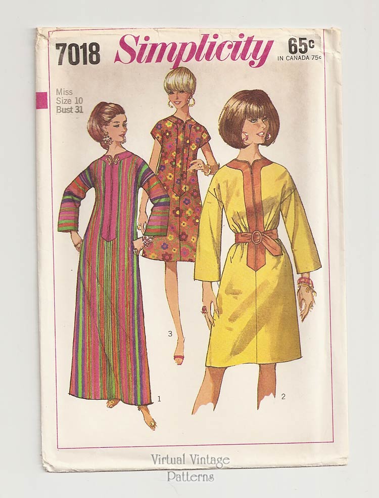 1960s Caftan Dress Pattern, Simplicity 7018, A Line Dresses, Uncut
