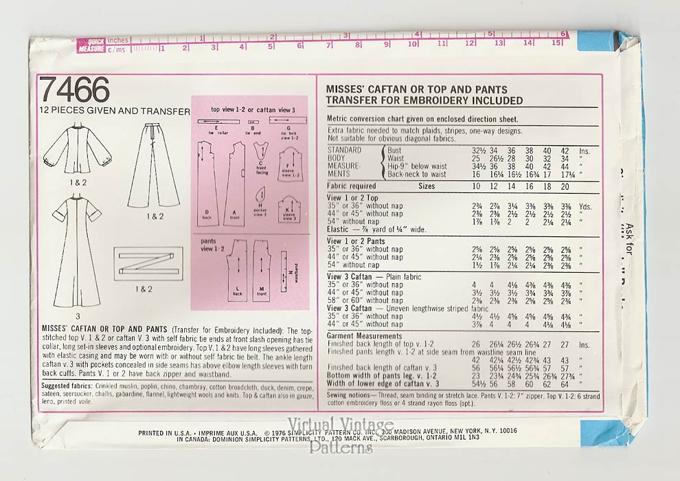Womens Top & Pants or Caftan Patterns, Simplicity 7466, Vintage Sewing Pattern, Uncut