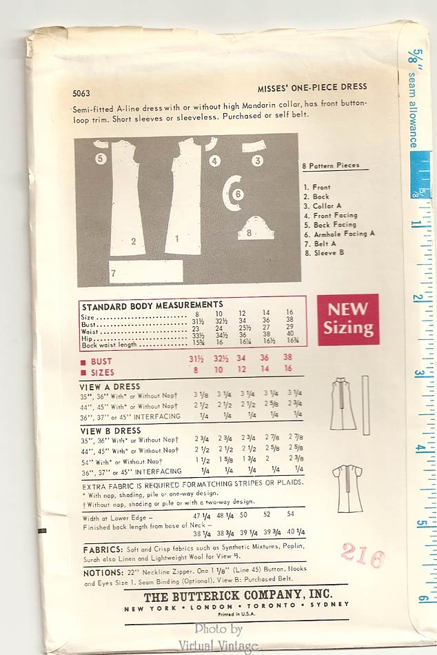 1960s Easy Dress Pattern, Butterick 5063, Vintage A-Line Dress, Bust 36, Uncut