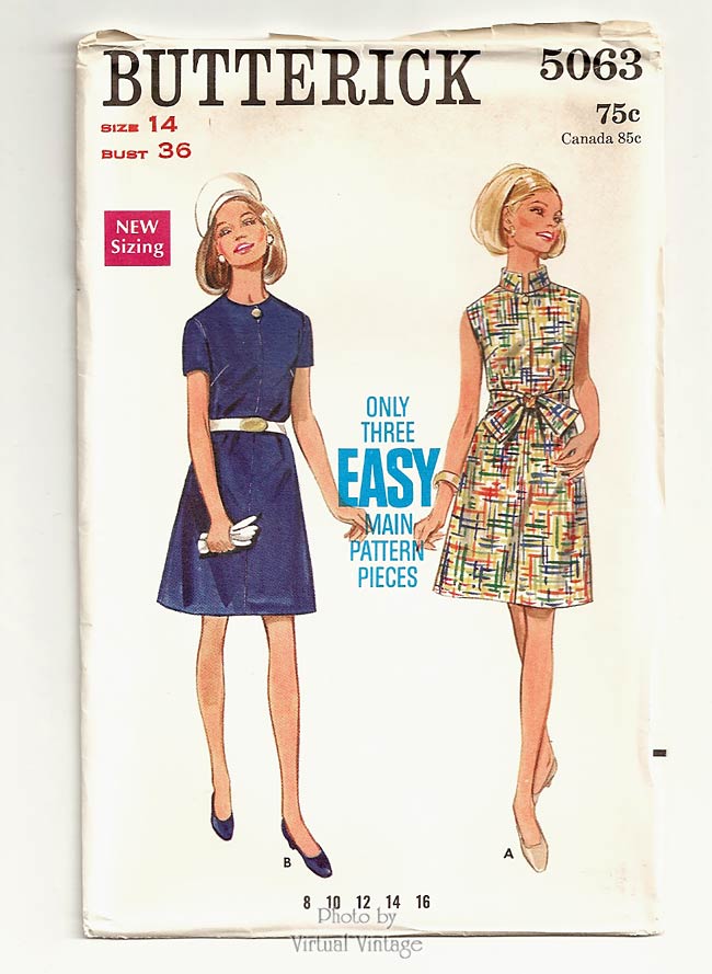 1960s Easy Dress Pattern, Butterick 5063, Vintage A-Line Dress, Bust 36, Uncut