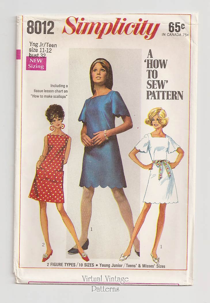 1960s Scalloped Dress Pattern, Simplicity 8012, Bust 32, Uncut