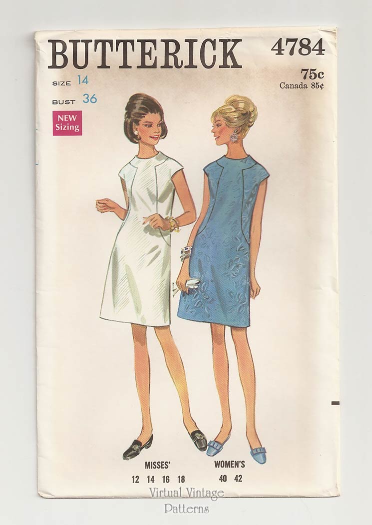 1960s A-Line Shift Dress Sewing Pattern, Butterick 4784, Bust 36, Uncut