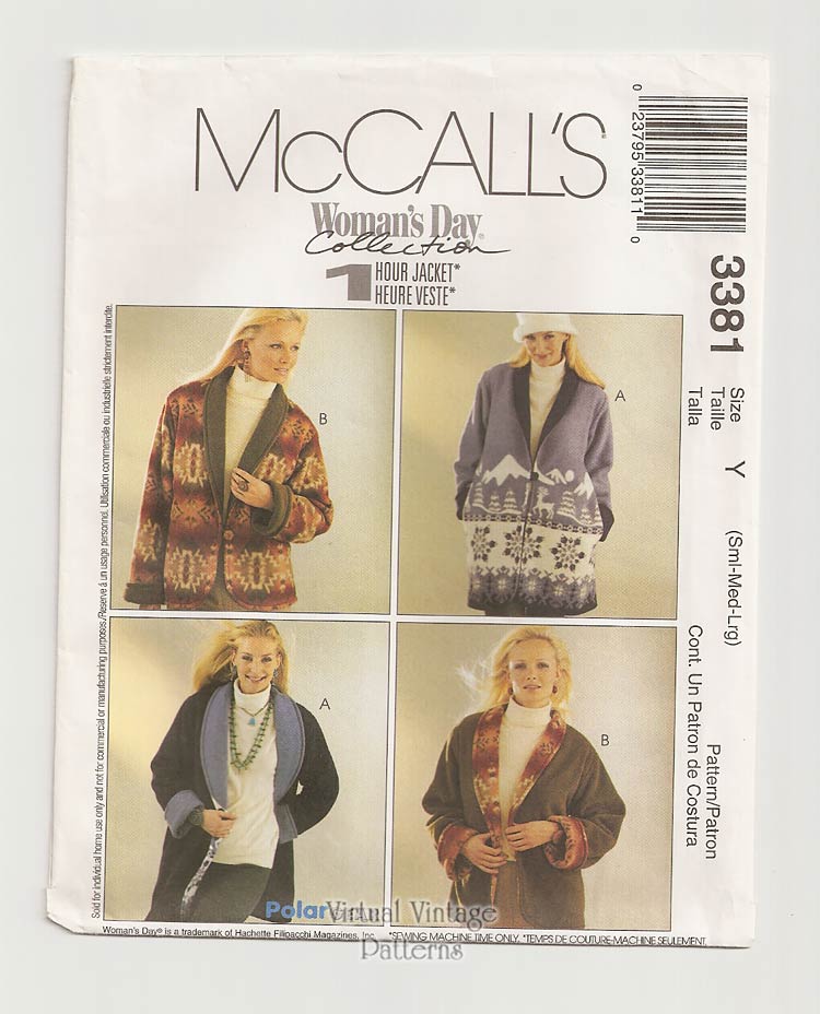 Womens Easy Fleece Jacket Pattern, McCalls 3381, Reversible Jacket, S, M, L, Uncut