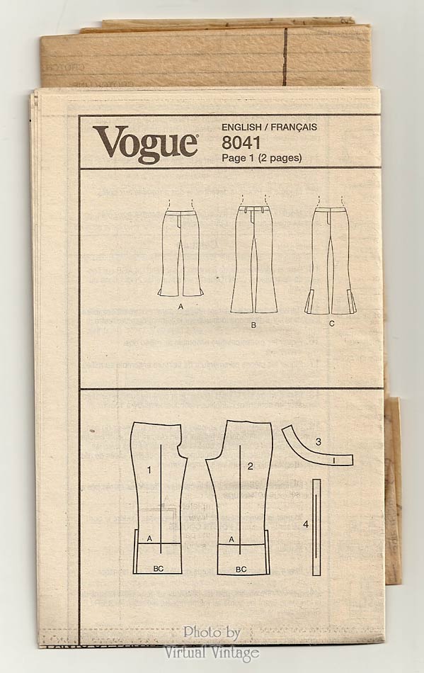 Womens Pants Pattern, Vogue V8041, Low Rise Boot Cut Hip Huggers, Sizes 6 8 10 12 Uncut