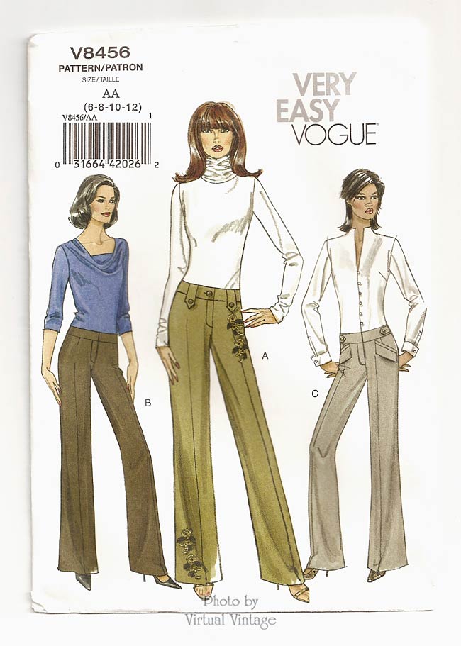 Easy Pants Pattern for Women, Vogue V8456, Straight-Leg Low-Rise, Sizes 6 8 10 12 Uncut