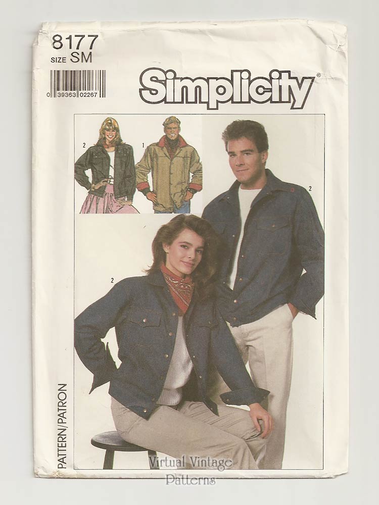 Unisex Jean Jacket Pattern, Simplicity 8177, Western Denim Jacket, Size Small, Uncut