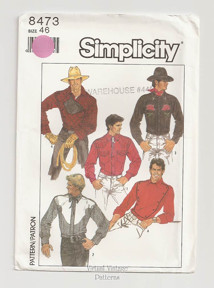 Mens Western Shirt Pattern, Simplicity 8473, Cowboy Dress Shirt, Chest 46, Uncut