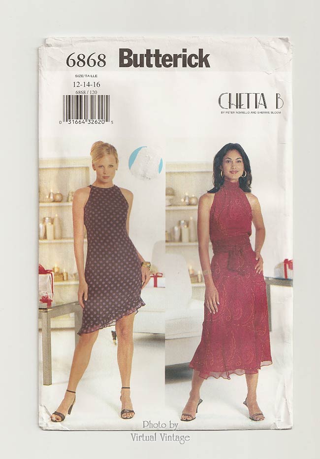 Chetta B Sleeveless Dress Pattern, Butterick 6868, Halter Top, Skirt & Dress, Bust 34 36 38, Uncut