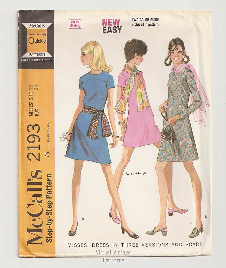 60s Mini Dress Sewing Pattern, McCalls 2193, A-line Dress & Scarf, Bust 34, Uncut