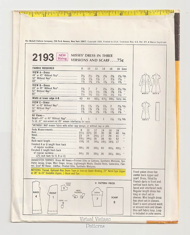 60s Mini Dress Sewing Pattern, McCalls 2193, A-line Dress & Scarf, Bust 34, Uncut