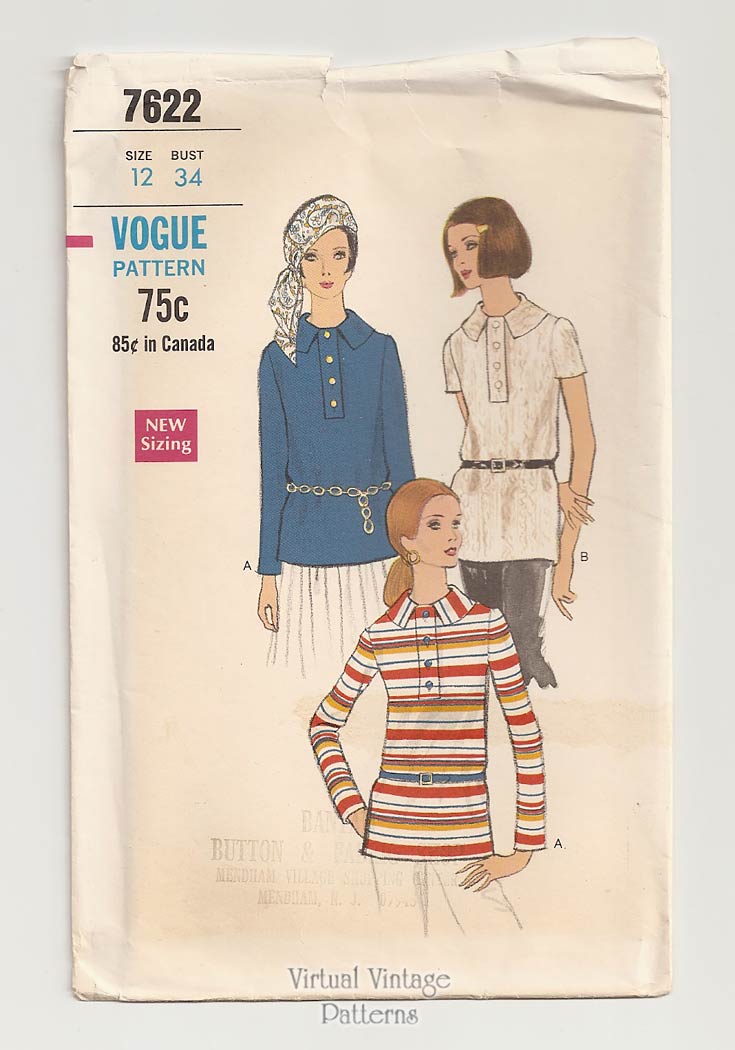 1960s Blouse Pattern, Vogue 7622, Short or Long Sleeve Overblouse, Bust 34, Uncut
