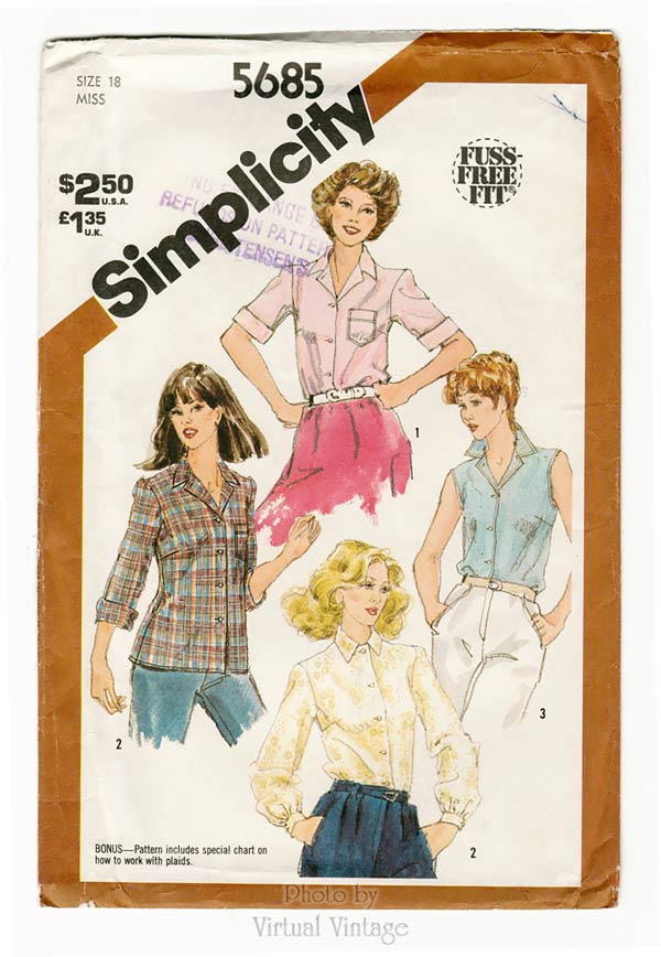 Womens Shirt Sewing Pattern, Simplicity 5685, Blouse or Overblouse, Bust 40, Uncut