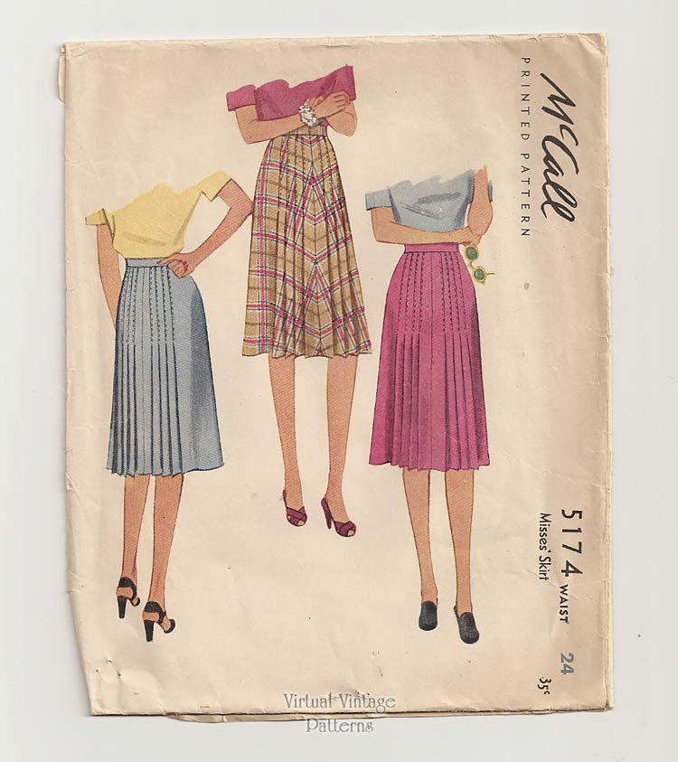 1940s Pleated Skirt Sewing Pattern, McCall 5174, Waist 24 Uncut