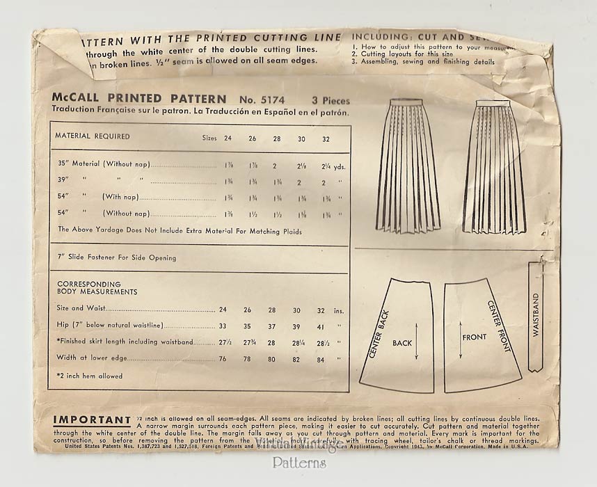 1940s Pleated Skirt Sewing Pattern, McCall 5174, Waist 24 Uncut