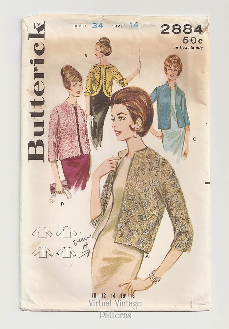 60s Evening Jacket Sewing Pattern, Butterick 2884, Vintage Quilted Jacket, Bust 34
