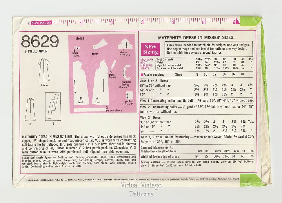 Vintage Maternity A-Line Dress Pattern, Simplicity 8629, Bust 36, Uncut
